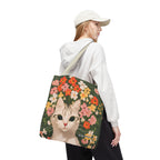 White Cat with Flowers Tote Bag with Cotton Handles For Everyday Use, 3 Sizes