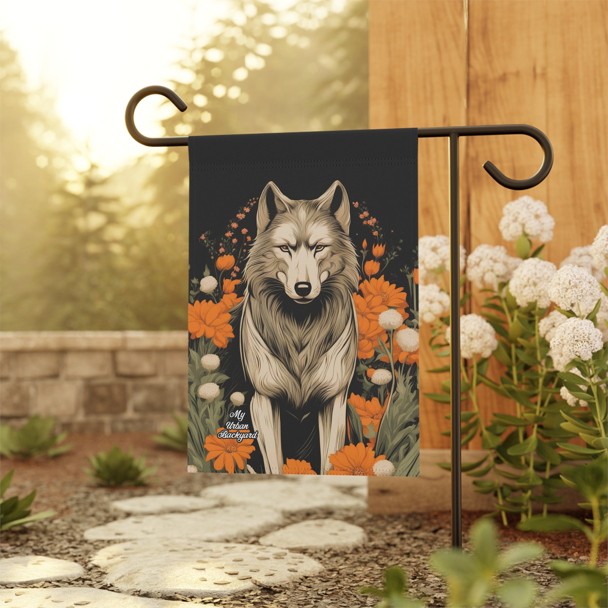 Wolf with Flowers, Garden Flag
