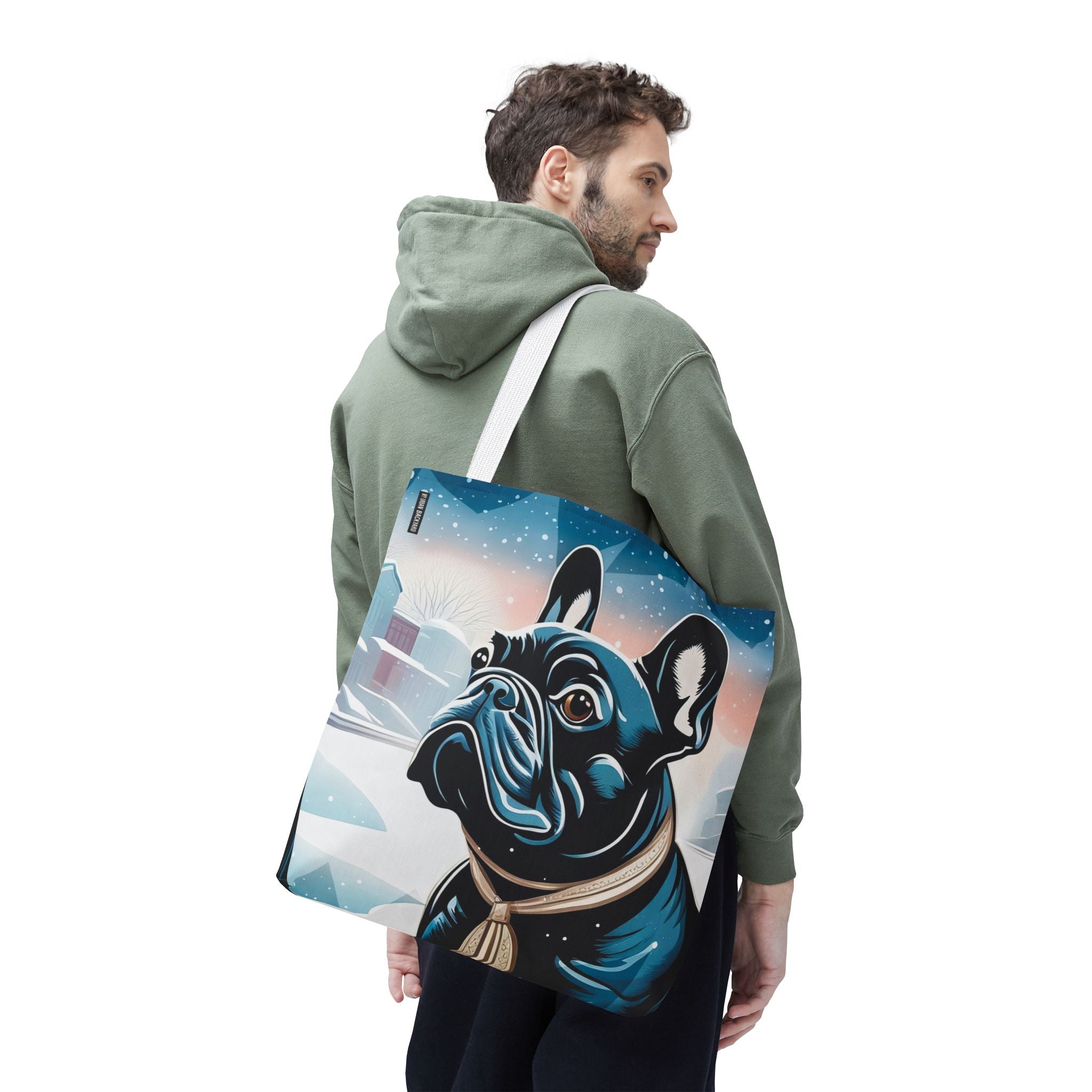 French Bulldog Winter Tote Bag — Snowy Pup All-Over Print Tote
