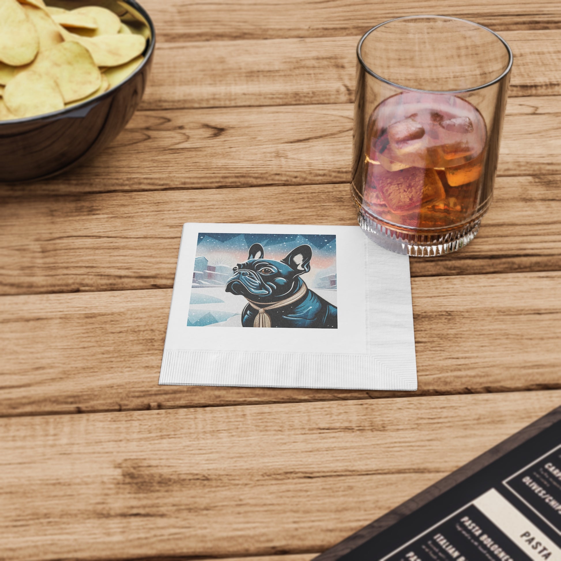 French Bulldog Winter Scene Napkins — Cute Dog Cocktail Napkins, 2 sizes, Pack of 50 or 100