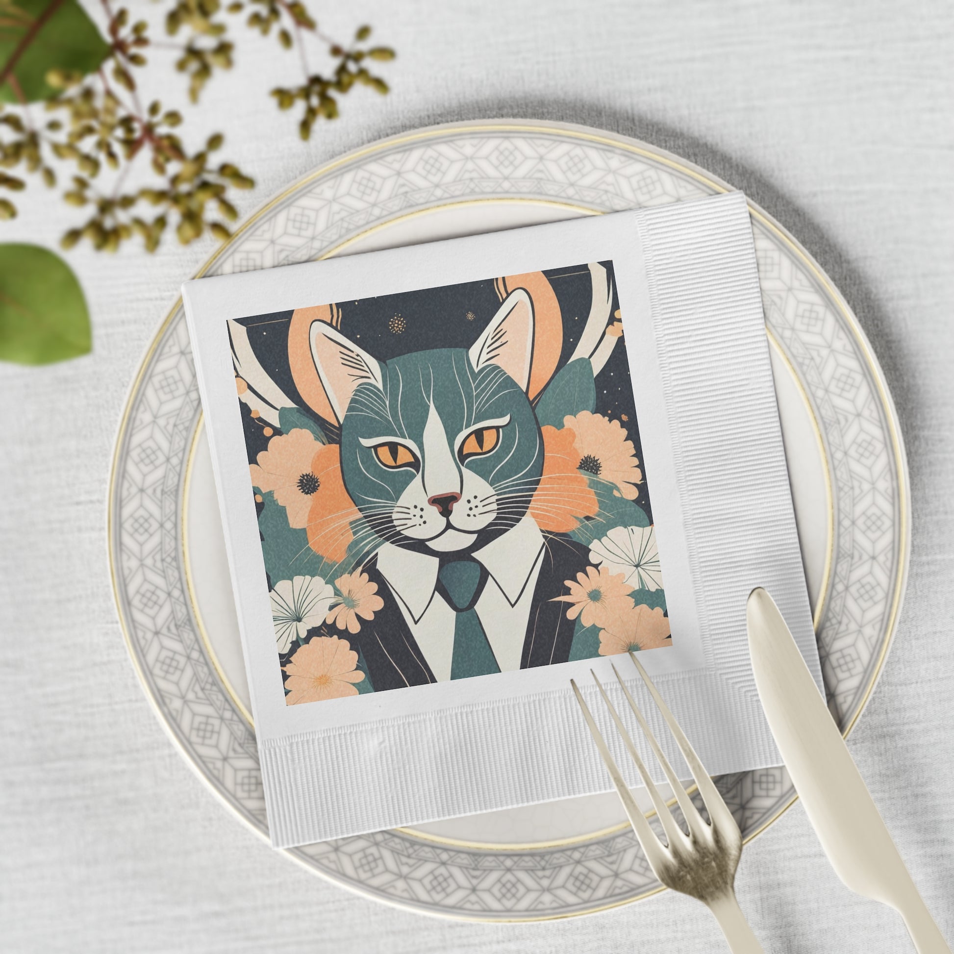 Simon Whiskerford, Cat in Suit Cocktail Napkins — Vintage Floral Party Napkins, 2 sizes, Pack of 50 or 100