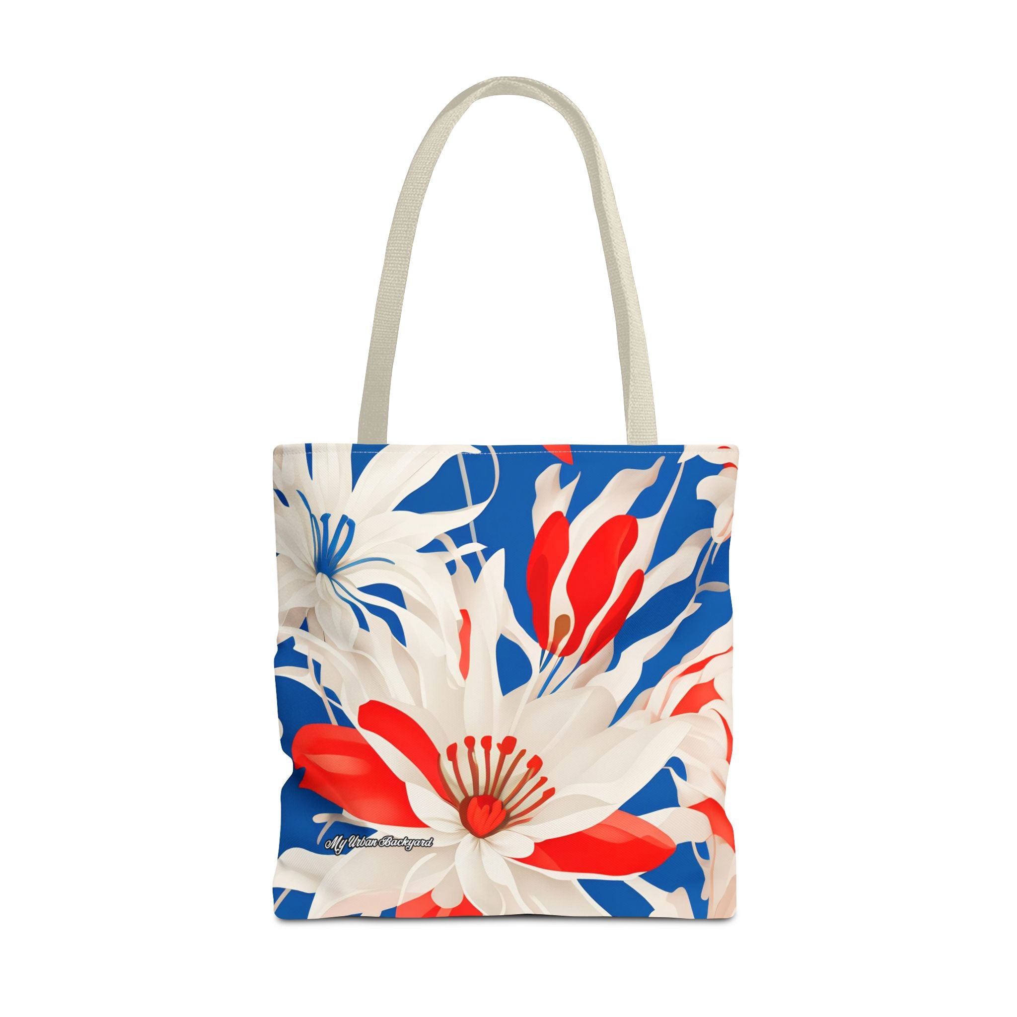 Red White & Blue Flowers Tote Bag with Cotton Handles For Everyday Use, 3 Sizes
