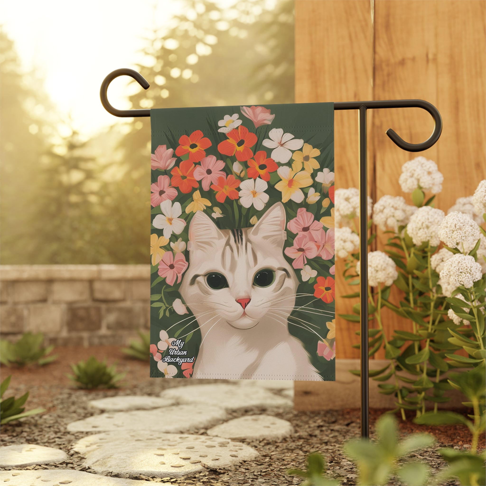 White Cat and Flowers, Garden Flag