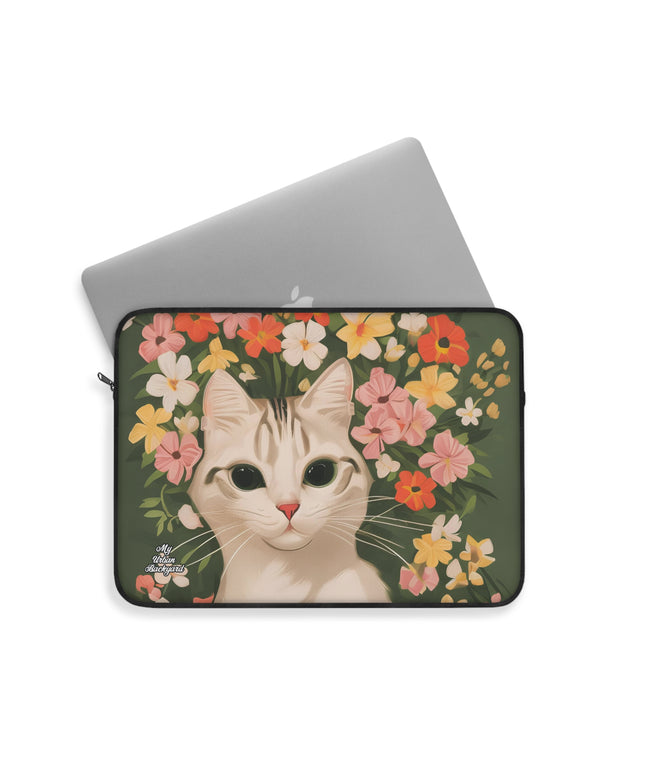 White Cat with Flowers, Laptop Carrying Case, Top Loading Sleeve for School or Work
