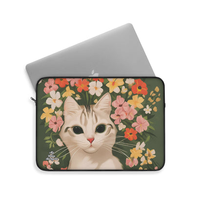White Cat with Flowers, Laptop Carrying Case, Top Loading Sleeve for School or Work