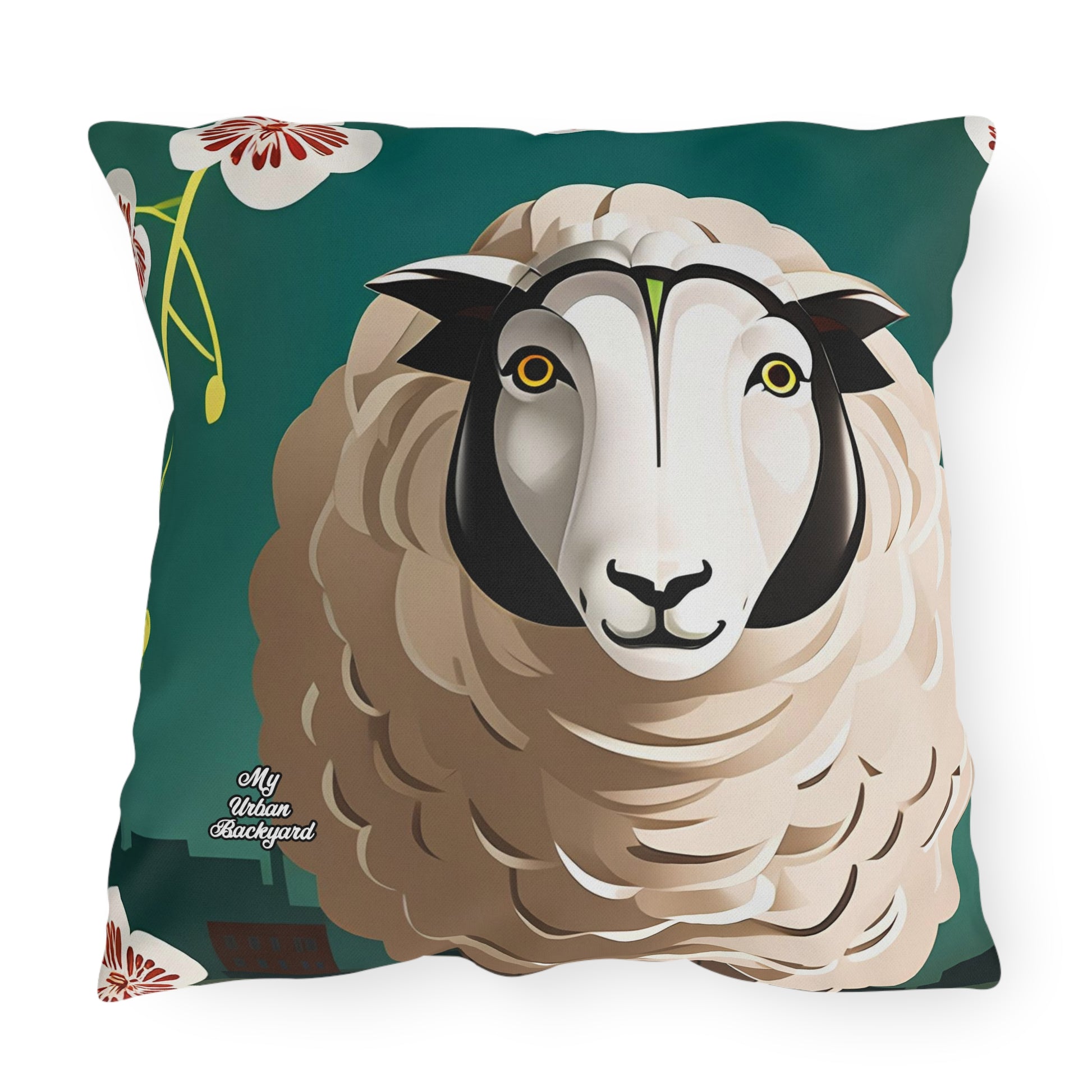 A Sheep with Flowers, Black accent color, Throw Pillow, Indoor/Outdoor Decor for Home or Office