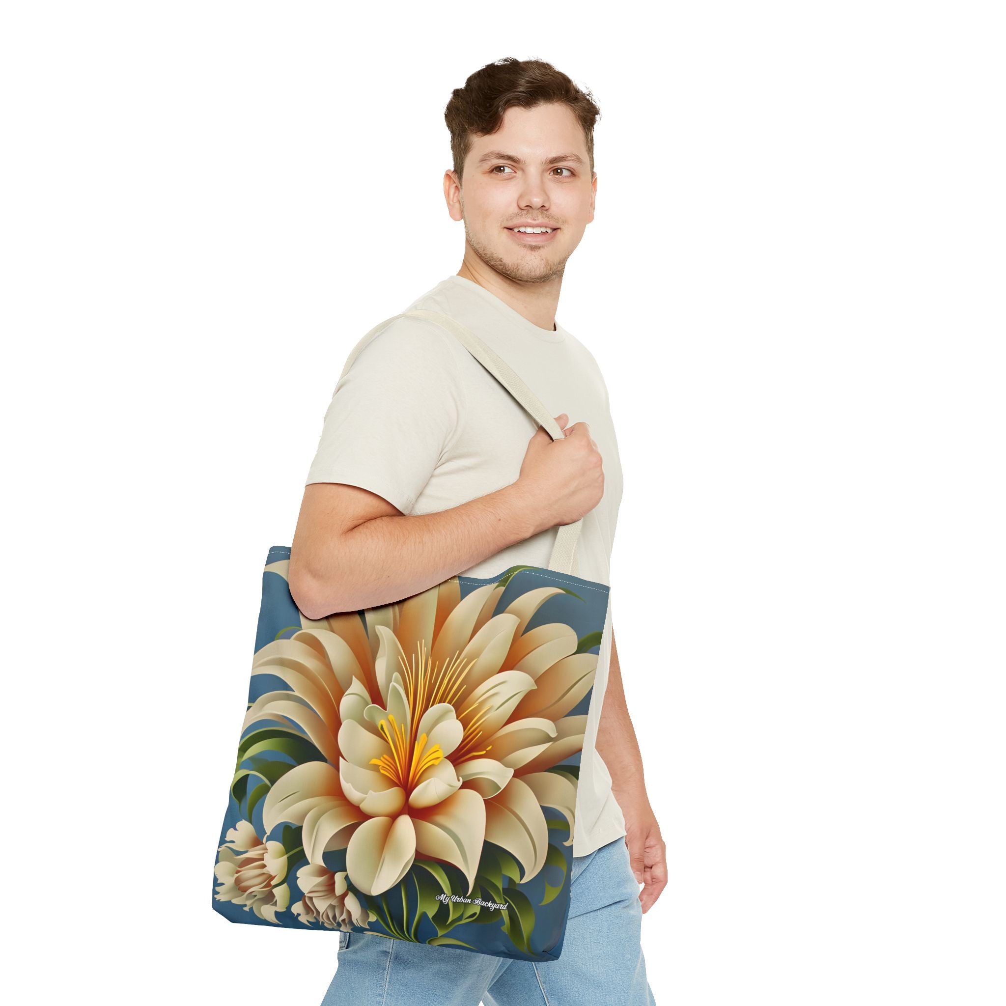 Large White Flower Tote Bag with Cotton Handles For Everyday Use, 3 Sizes