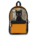 A backpack featuring a black cat design on the front