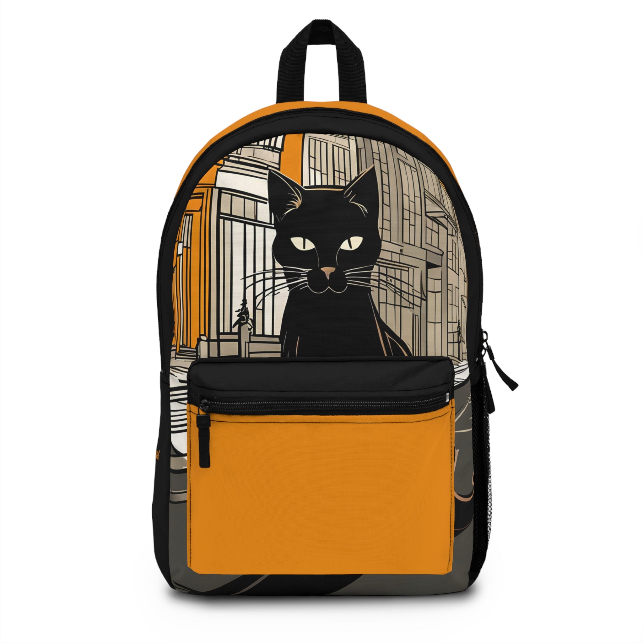 A backpack featuring a black cat design on the front