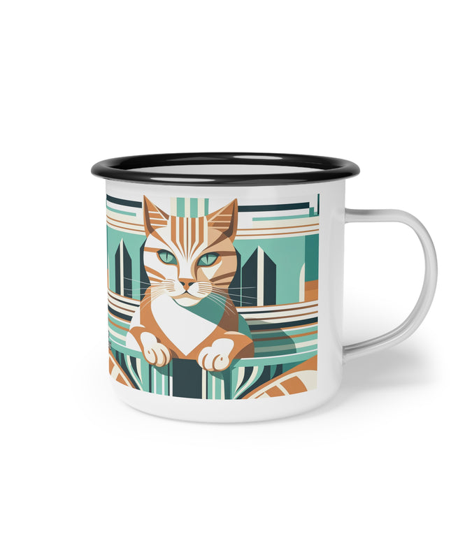 Art Deco Tabby, Enamel Camping Mug for Coffee, Tea, Cocoa, or Cereal - 12oz