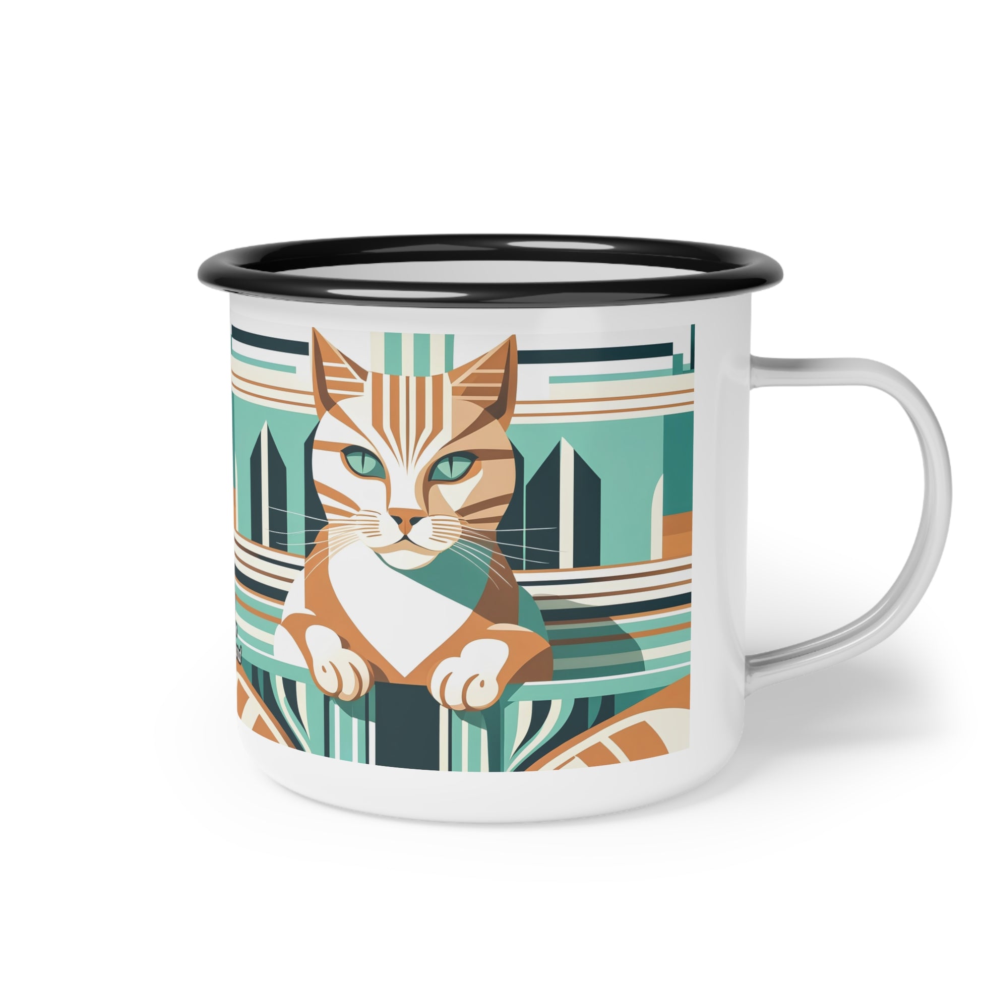 Art Deco Tabby Cat, Enamel Camping Mug for Coffee, Tea, Cocoa, or Cereal - 12oz