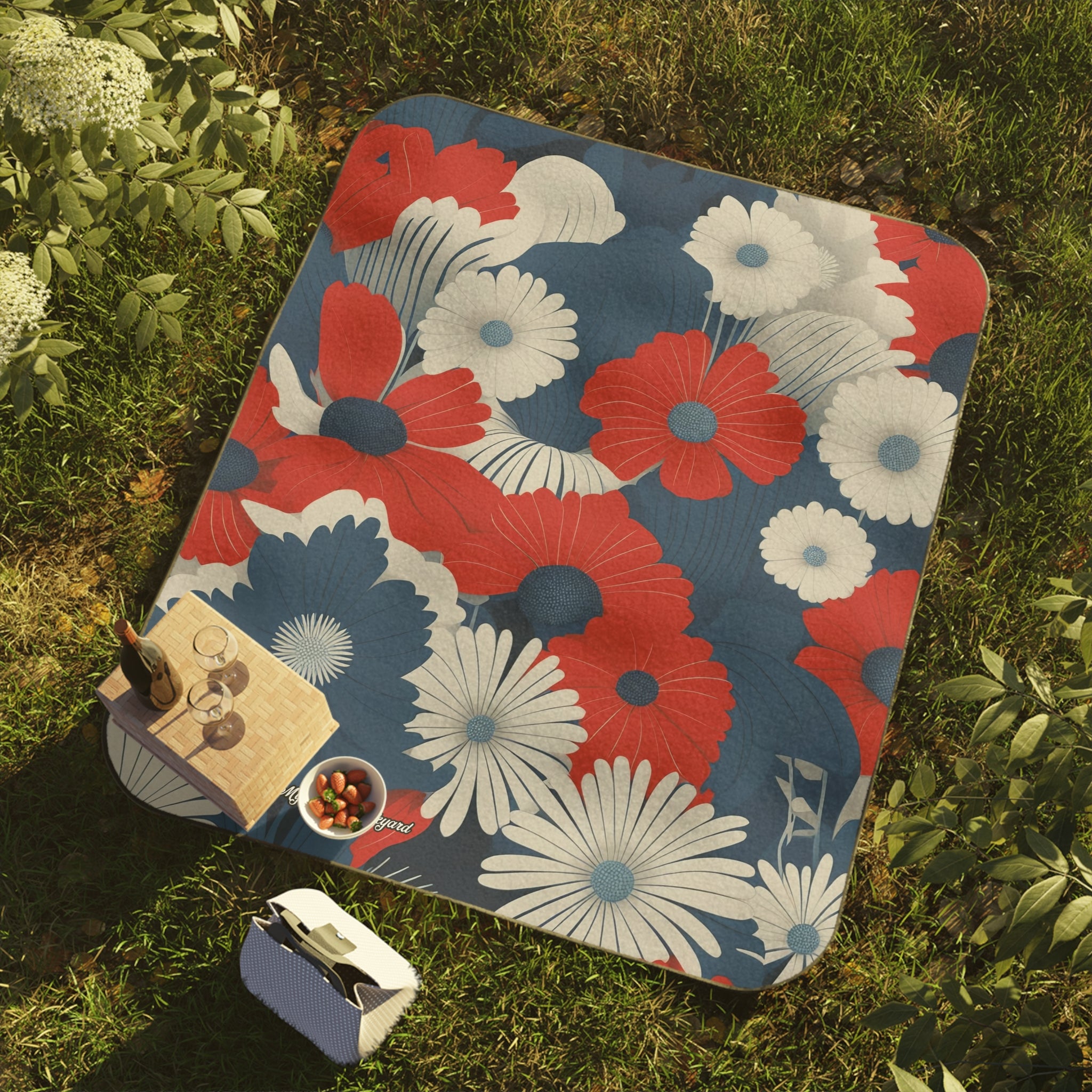 Patriotic Floral Picnic Blanket - Outdoor Blanket for Family Gatherings, Beach Days, Festivals, Camping, and Summer Celebrations, 51" × 61"