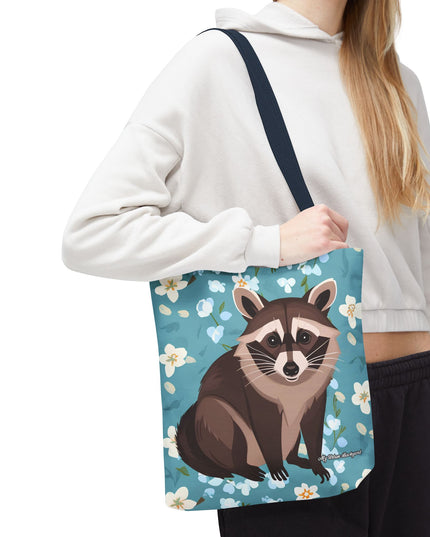 Young Raccoon w Flowers Tote Bag with Cotton Handles For Everyday Use, 3 Sizes