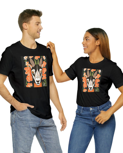 Goat with Orange Flowers, Soft 100% Jersey Cotton T-Shirt, Unisex, Short Sleeve, Retail Fit