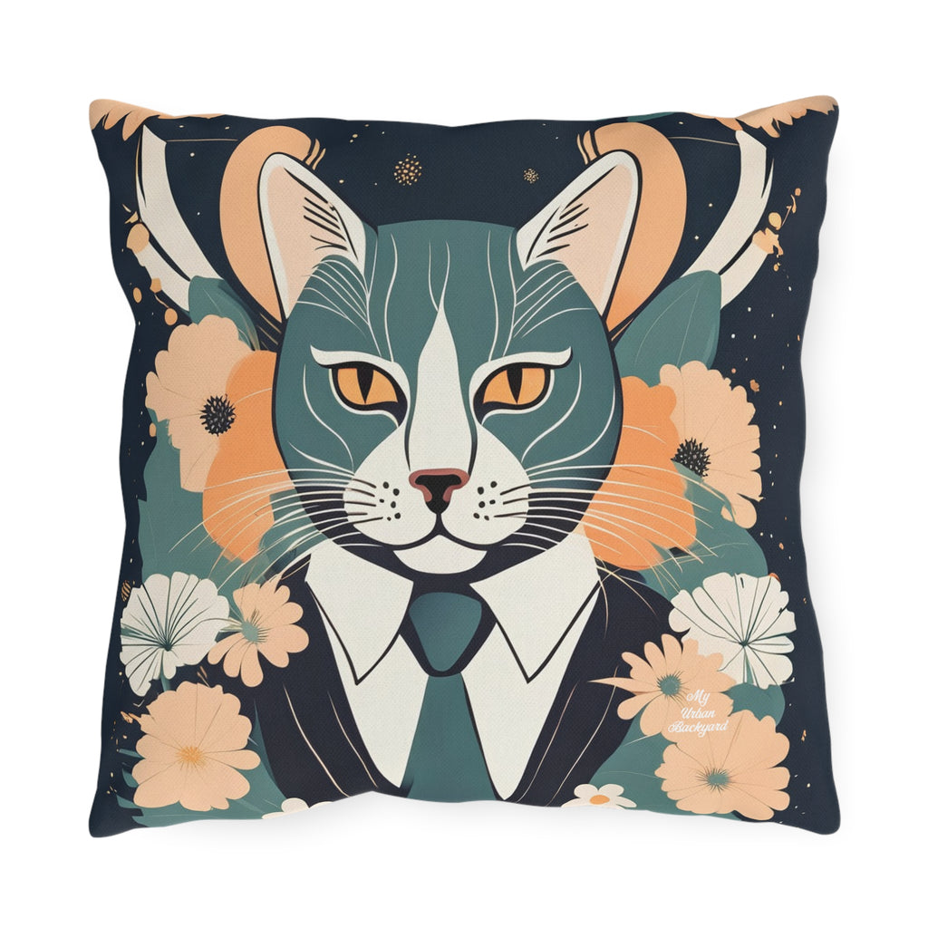 Simon Whiskerford, Faded Jade accent color, Cat Throw Pillow, Indoor/Outdoor Decor for Home or Office