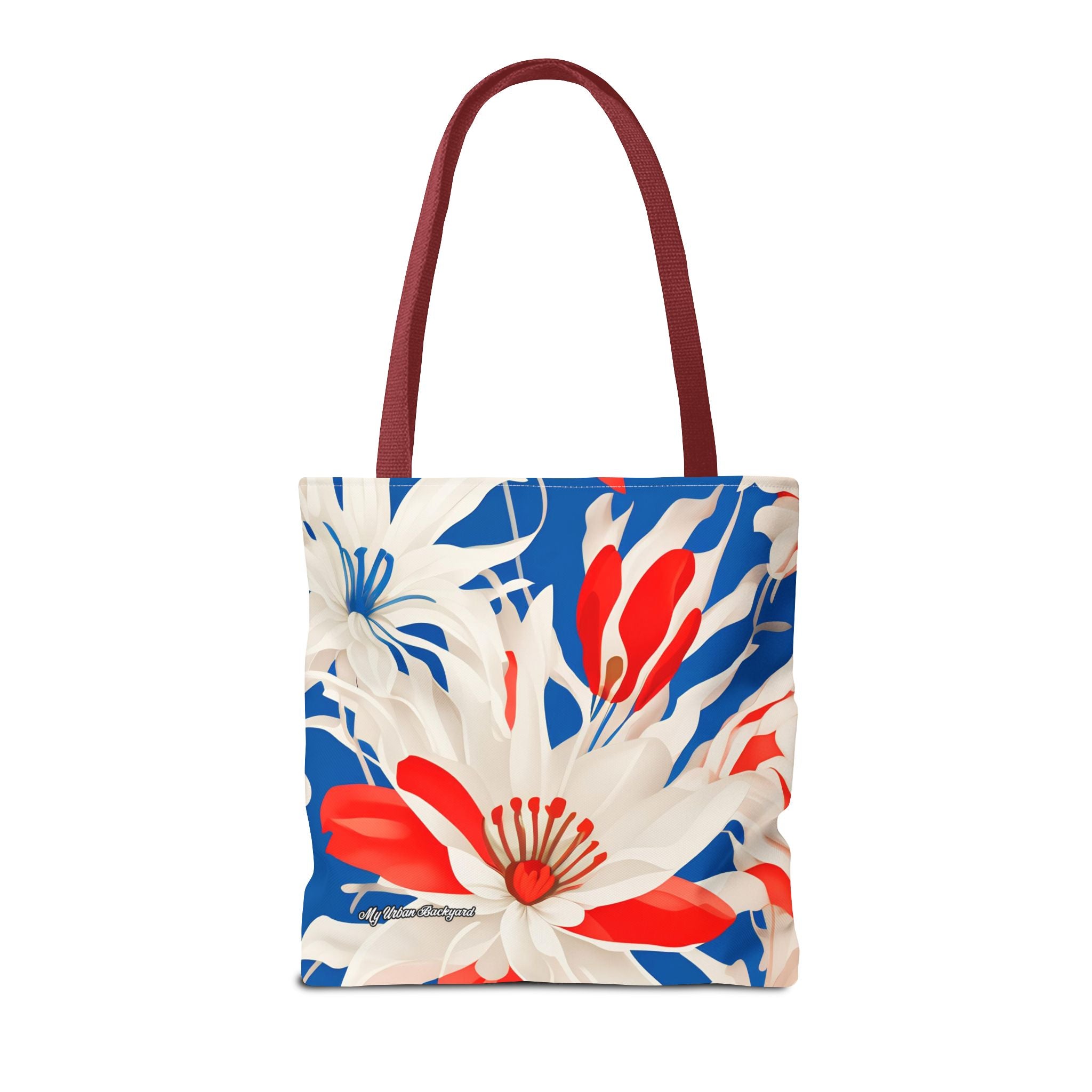 Red White & Blue Flowers Tote Bag with Cotton Handles For Everyday Use, 3 Sizes