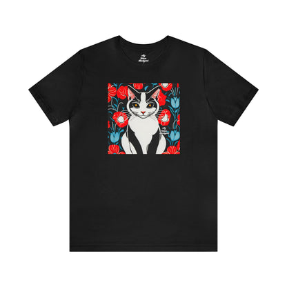 Cat with Red Flowers, Soft 100% Jersey Cotton T-Shirt, Unisex, Short Sleeve, Retail Fit