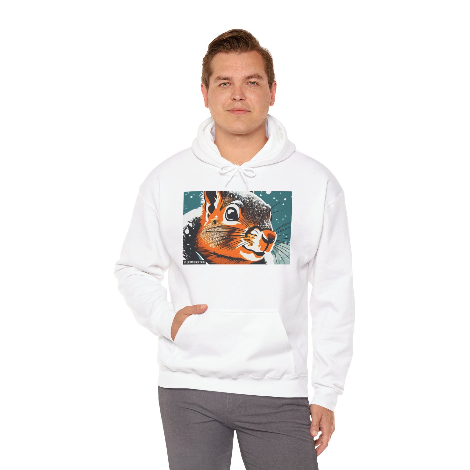 Winter Squirrel Sweatshirt - Unisex Heavy Blend Hooded, Cute Animal Apparel, Winter Fashion, Gift for Nature Lovers, Snowy Days, Cozy Wear