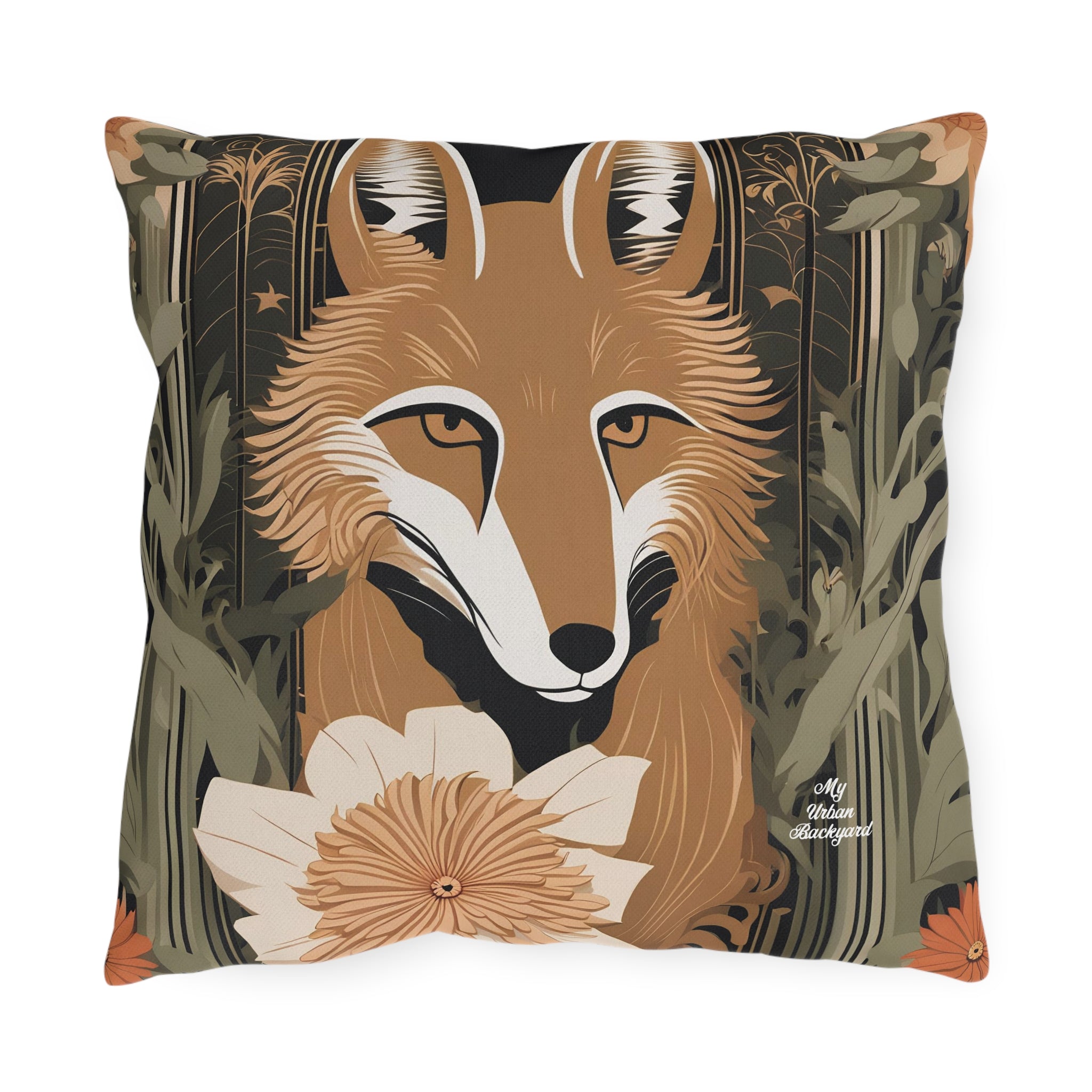 Art Deco Coyote w Flower, Sable accent color, Throw Pillow