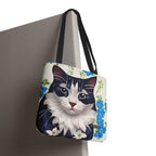 Cat and Blue Flowers, Tote Bag with Cotton Handles