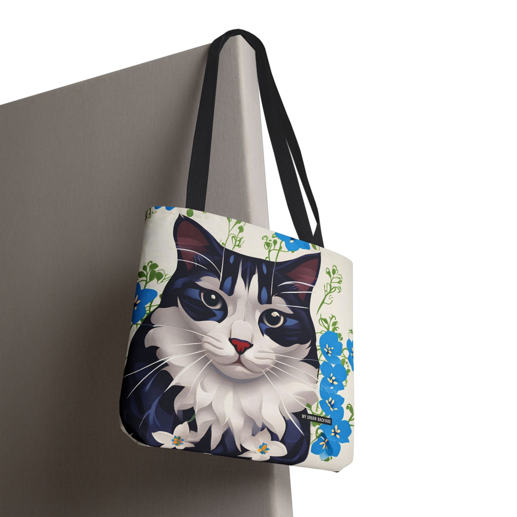 Cat and Blue Flowers, Tote Bag with Cotton Handles