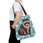 Young Raccoon w Flowers Tote Bag with Cotton Handles For Everyday Use, 3 Sizes