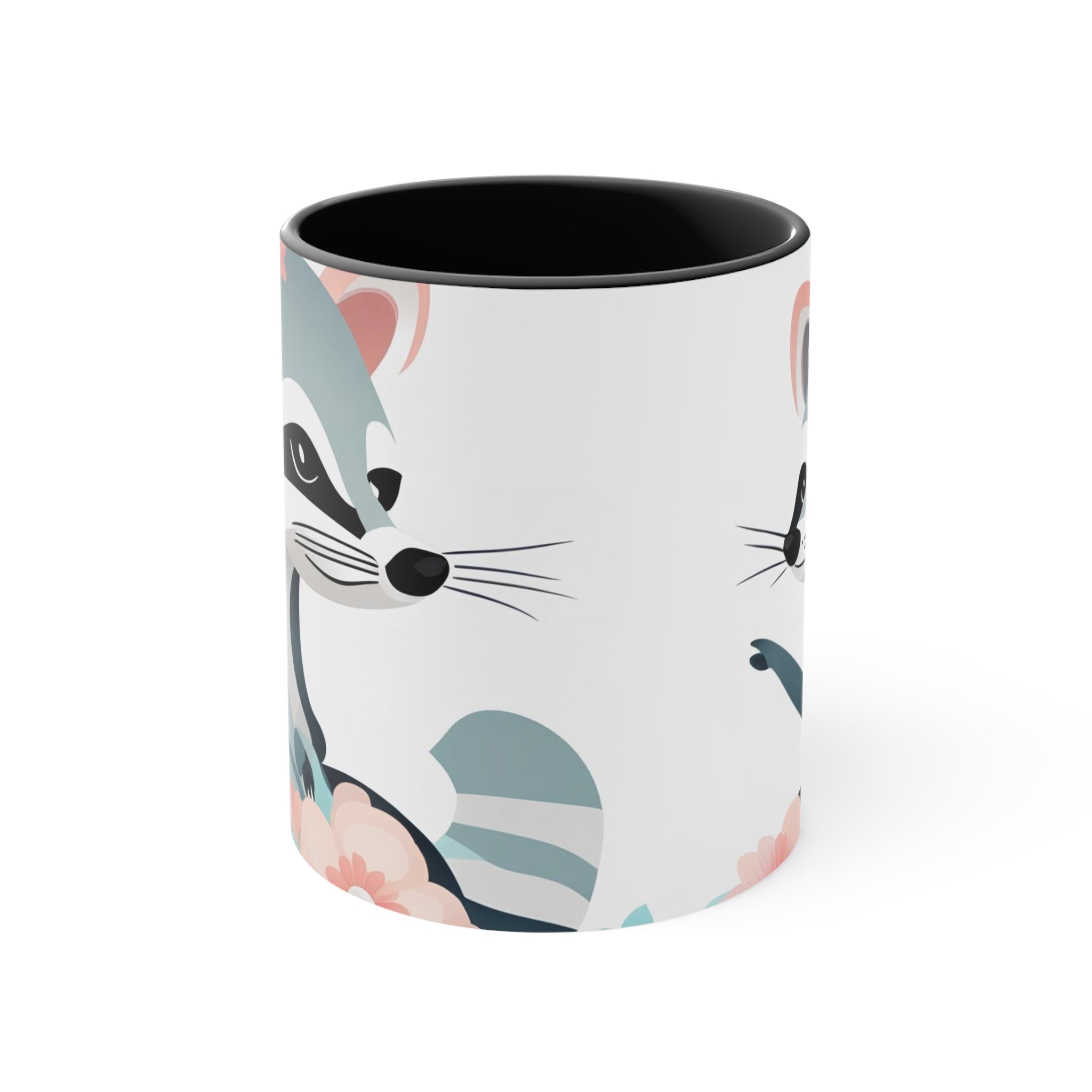 Two Raccoons with Pastel Flowers, Ceramic Coffee Mug