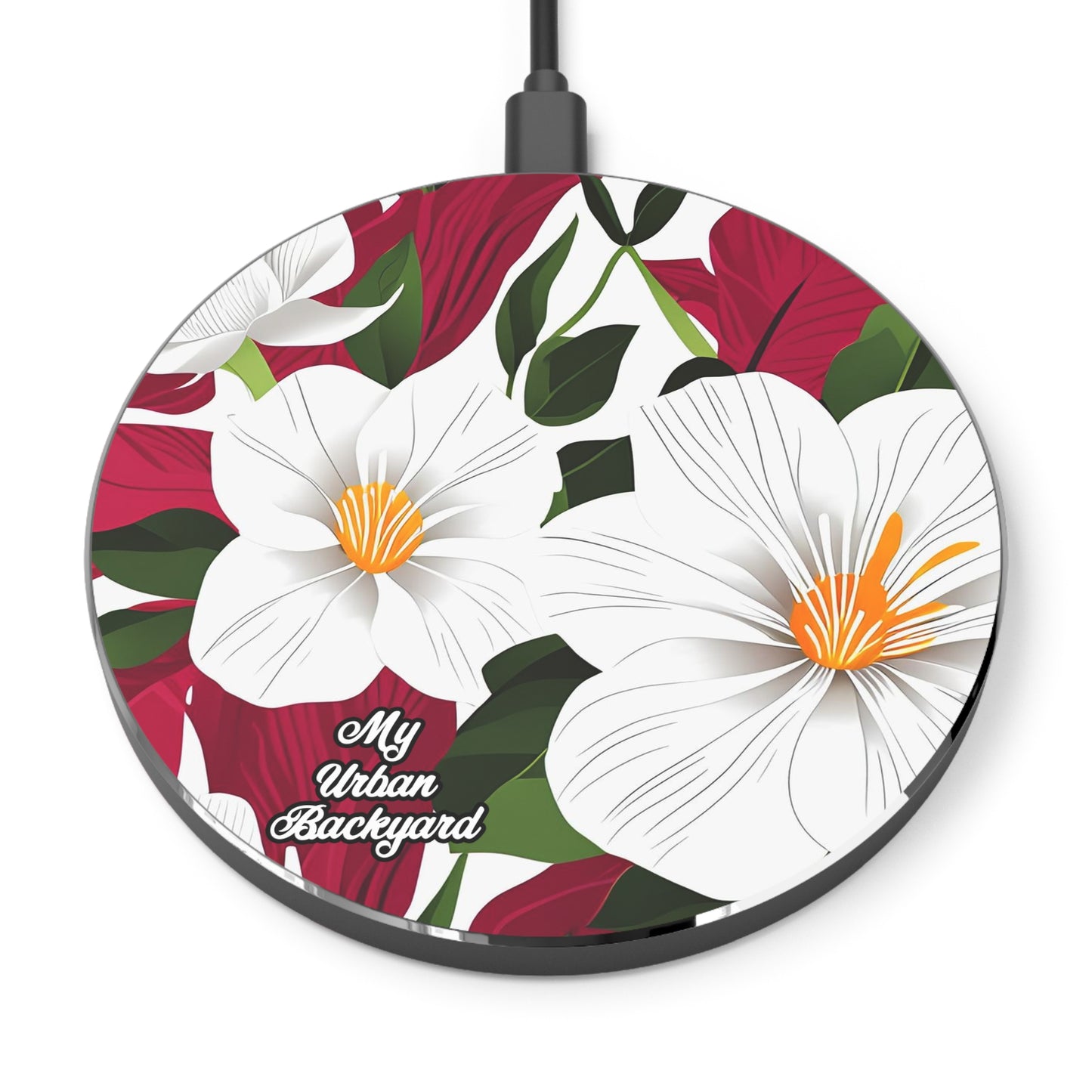 Wireless Cell Phone Charger for iPhone or Android - White Flowers on Red