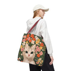 White Cat with Flowers Tote Bag with Cotton Handles For Everyday Use, 3 Sizes