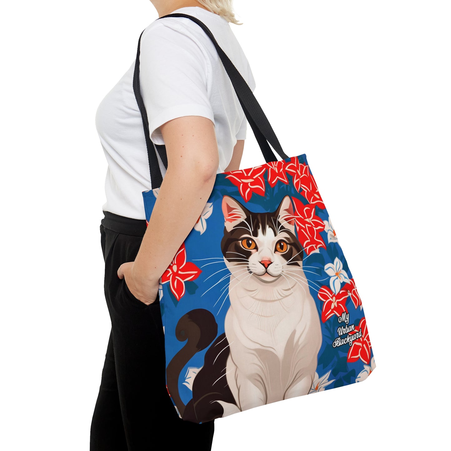 Cat and Red White & Blue Flowers, Tote Bag for Everyday Use - Durable and Functional