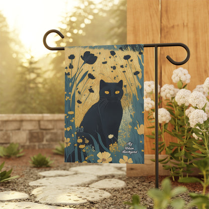 Black Cat with Black Flowers, Garden Flag for Yard, Patio, Porch, or Work, 12"x18" - Flag only
