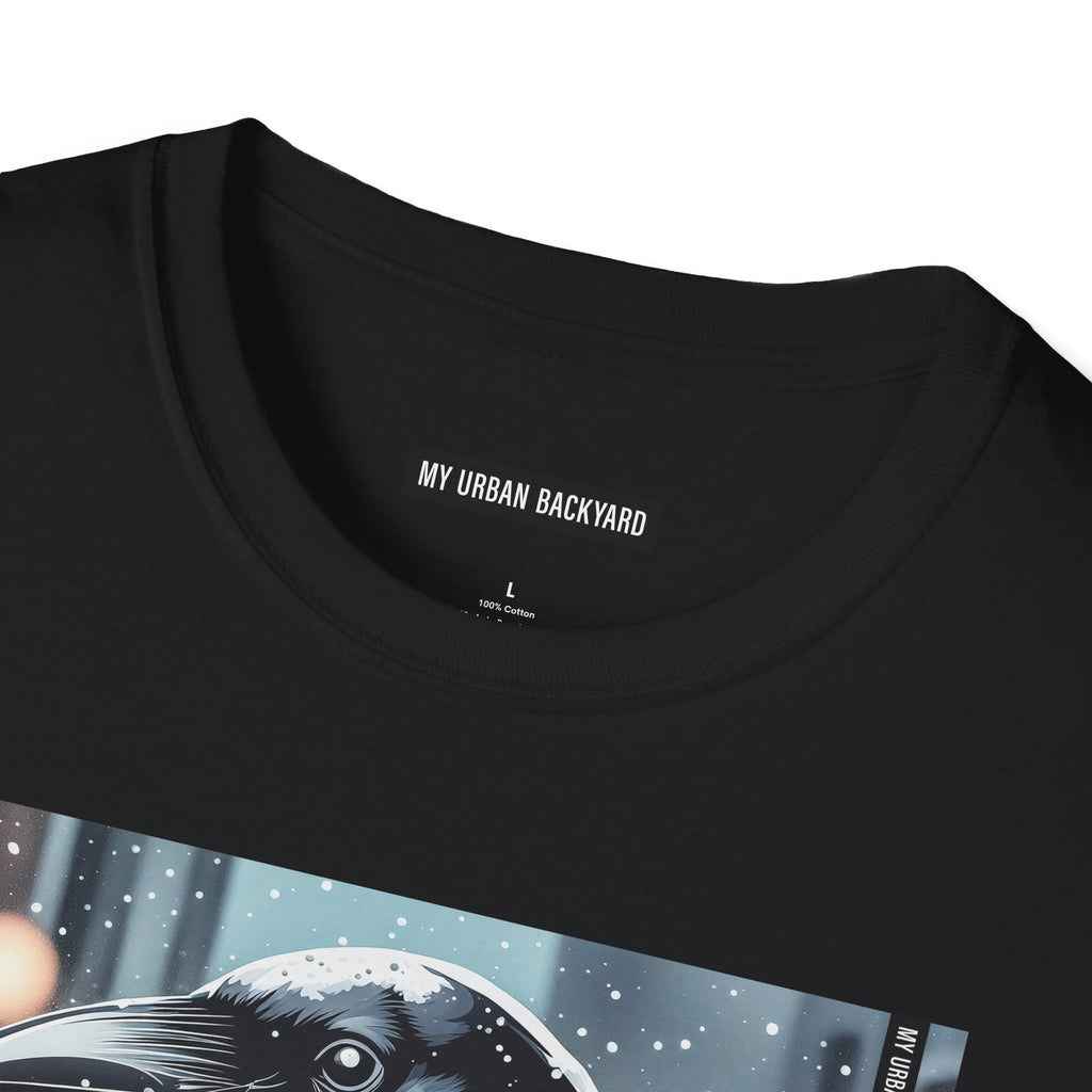 Urban Crow In Falling Snow T-Shirt — Winter Crow Graphic Tee