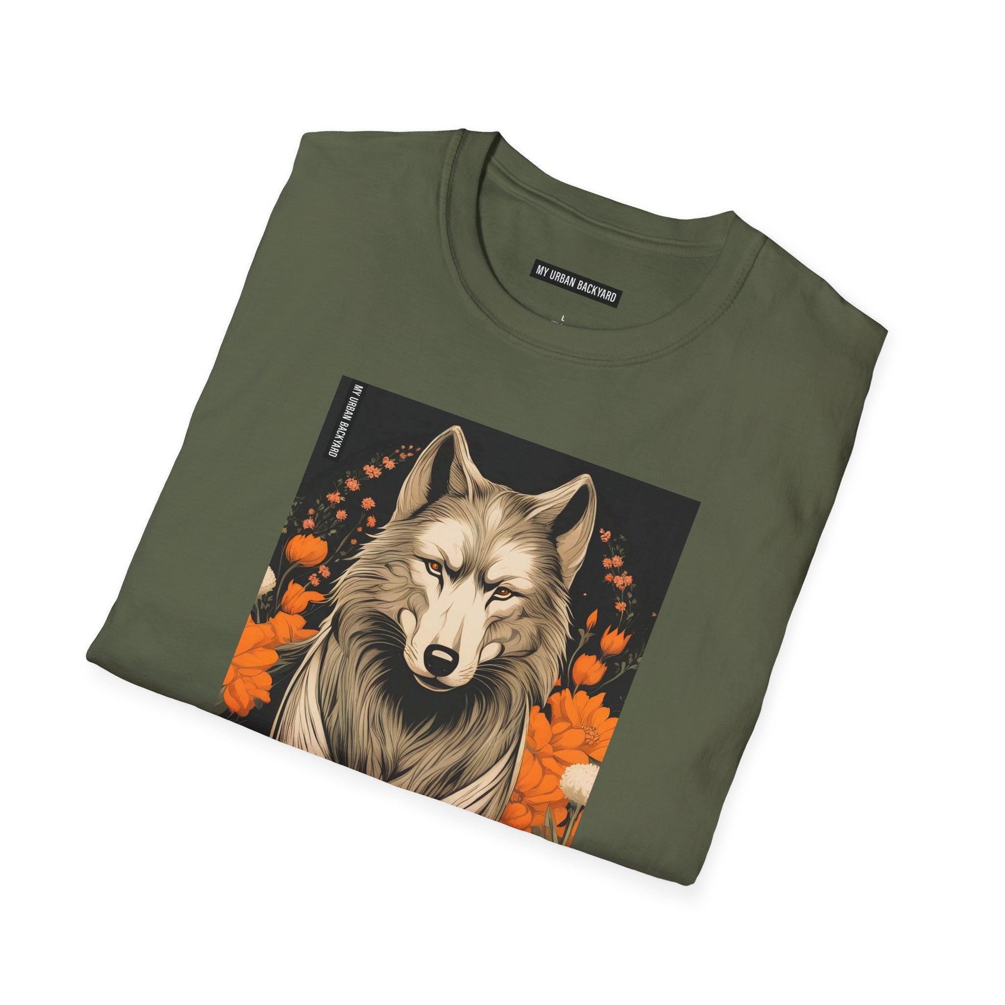 Wolf with Flowers, 100% Cotton T-Shirt
