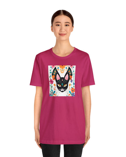Black Cat w Green Eyes & Flowers, Soft 100% Jersey Cotton T-Shirt, Unisex, Short Sleeve, Retail Fit