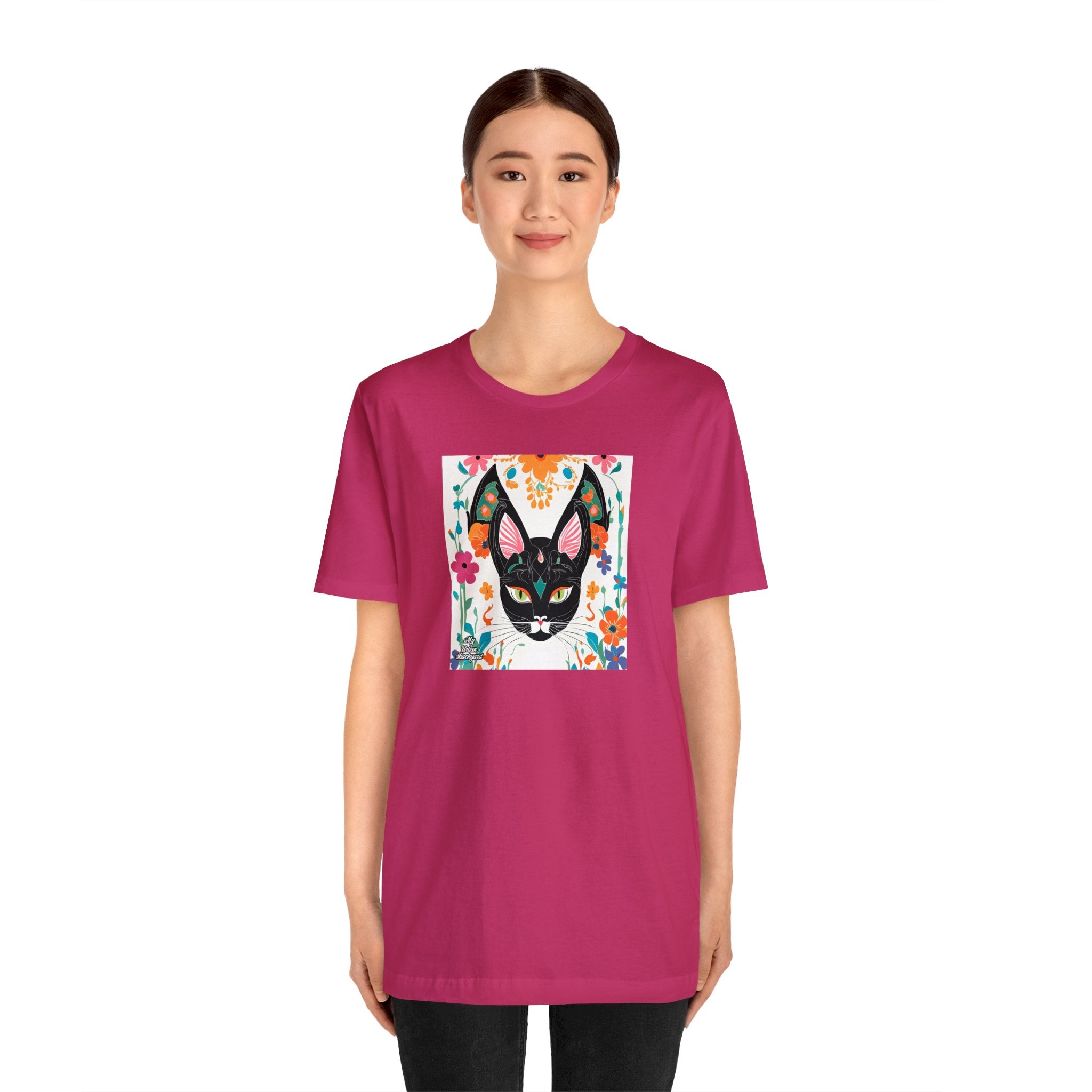 Black Cat w Green Eyes & Flowers, Soft 100% Jersey Cotton T-Shirt, Unisex, Short Sleeve, Retail Fit