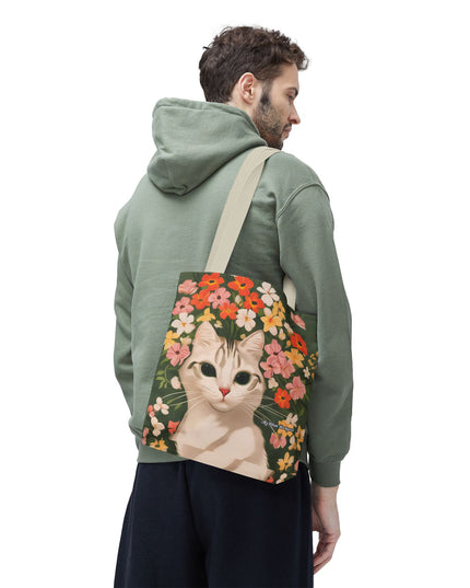 White Cat with Flowers Tote Bag with Cotton Handles For Everyday Use, 3 Sizes