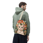 White Cat with Flowers Tote Bag with Cotton Handles For Everyday Use, 3 Sizes