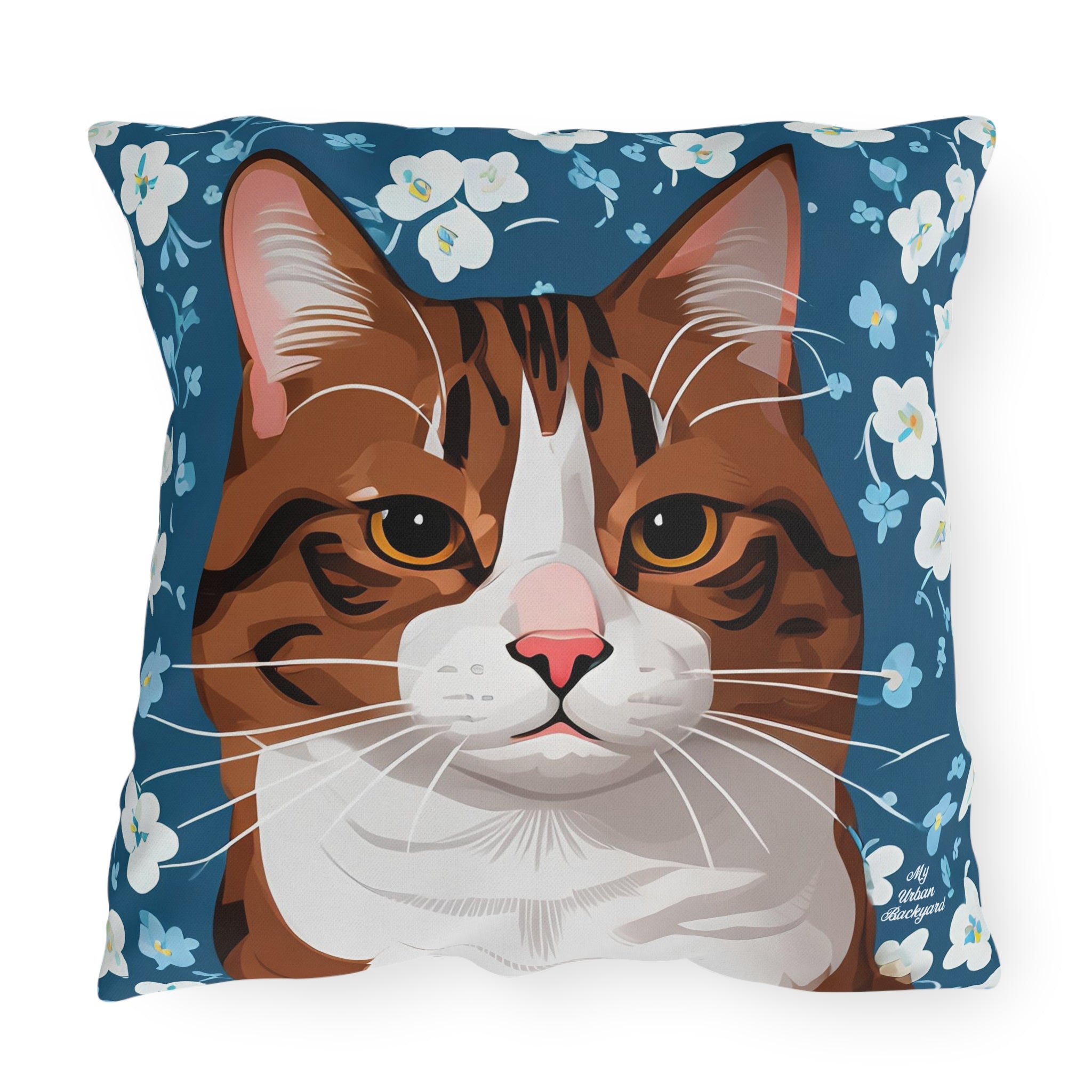 Orange Cat and Flowers, Sable accent color, Throw Pillow