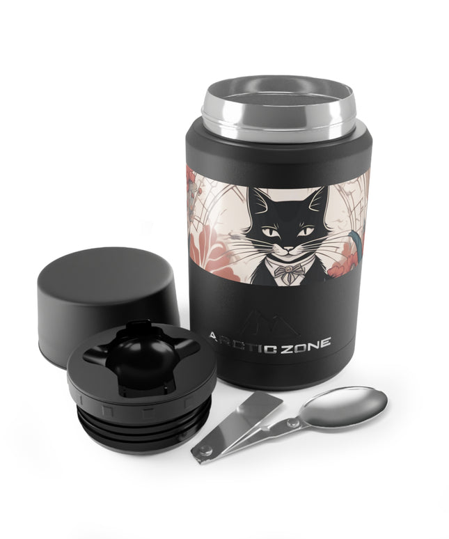 Tuxedo Cat with Flowers, Reusable Insulated Food Storage Container with Spoon – 16.9oz