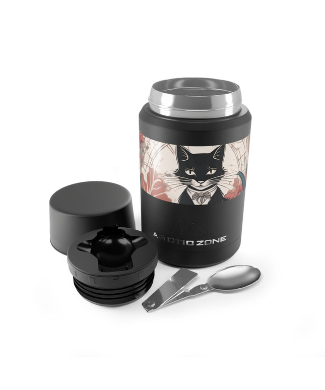 Tuxedo Cat with Flowers, Reusable Insulated Food Storage Container with Spoon – 16.9oz