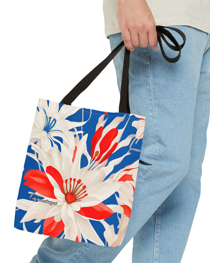 Red White & Blue Flowers Tote Bag with Cotton Handles For Everyday Use, 3 Sizes