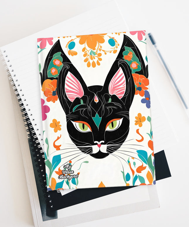 Black Cat with Green Eyes & Flowers, Hardcover Notebook Journal - Write in Style