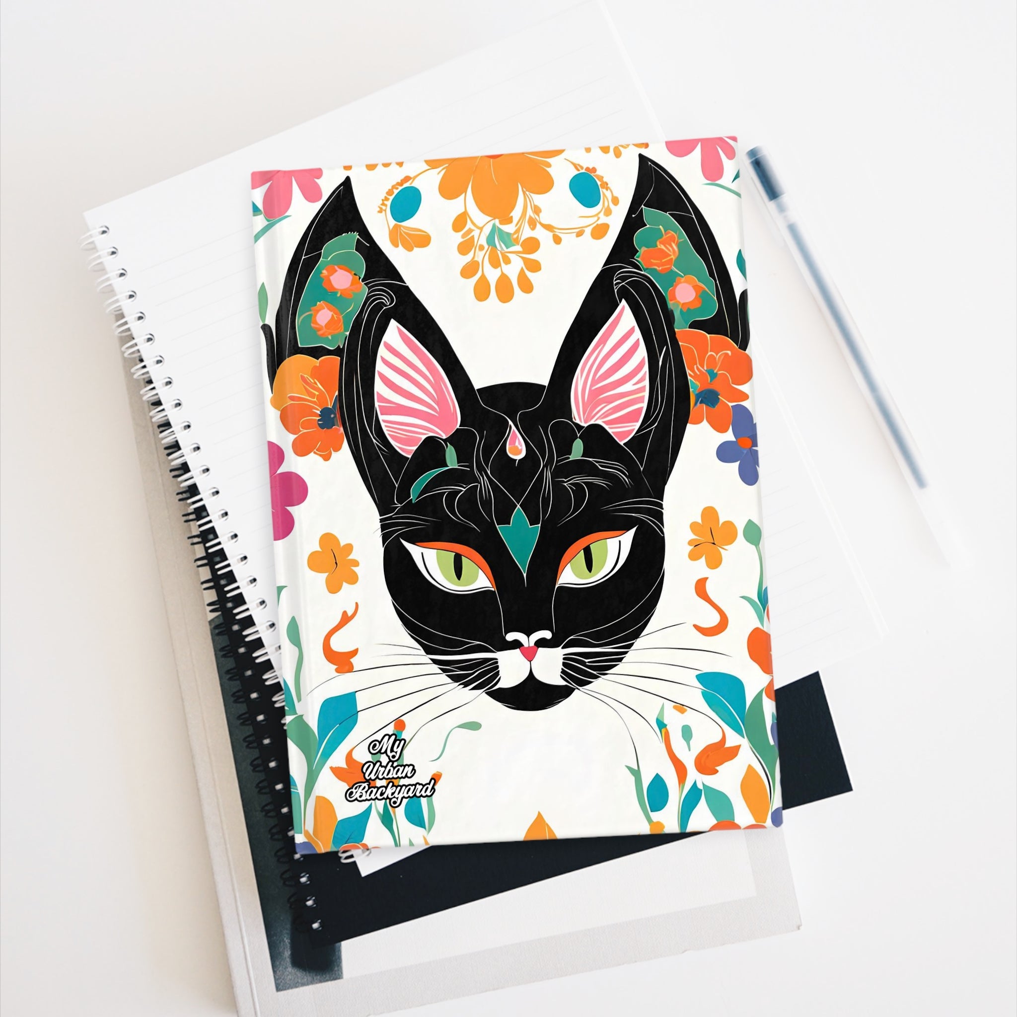 Black Cat with Green Eyes & Flowers, Hardcover Notebook Journal - Write in Style