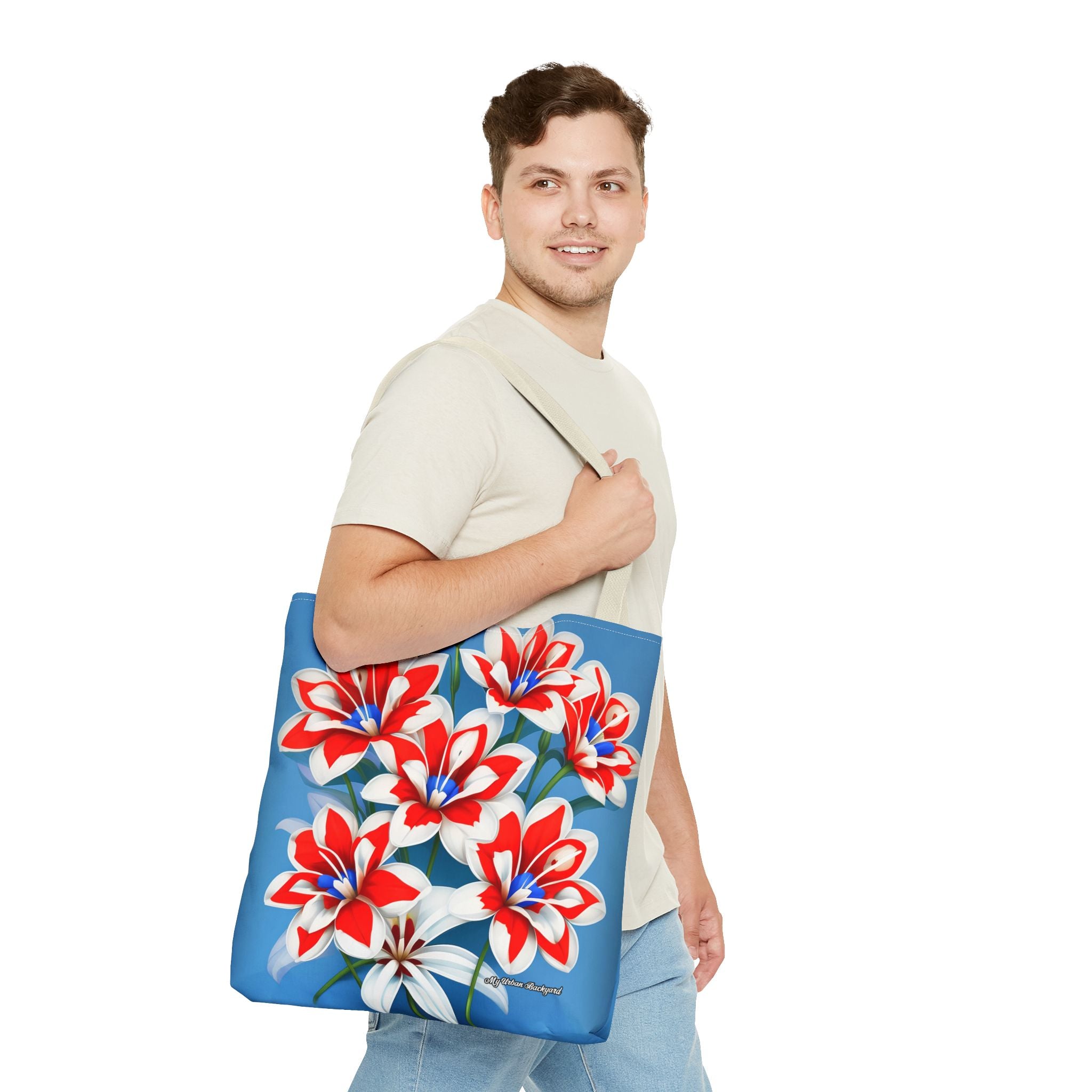 Bouquet of Red White and Blue Flowers Tote Bag with Cotton Handles For Everyday Use, 3 Sizes