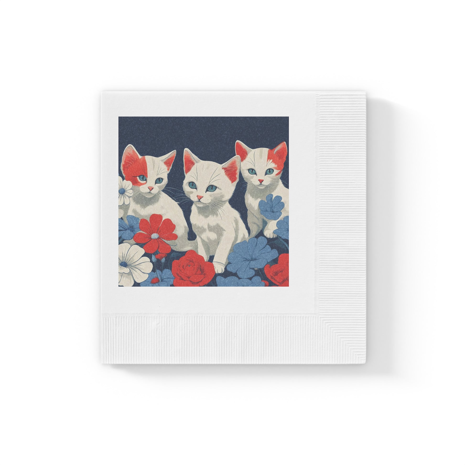 Cat Trio Floral Napkins — Cute Kittens Red White Blue Party Napkins, 2 sizes, Pack of 50 or 100