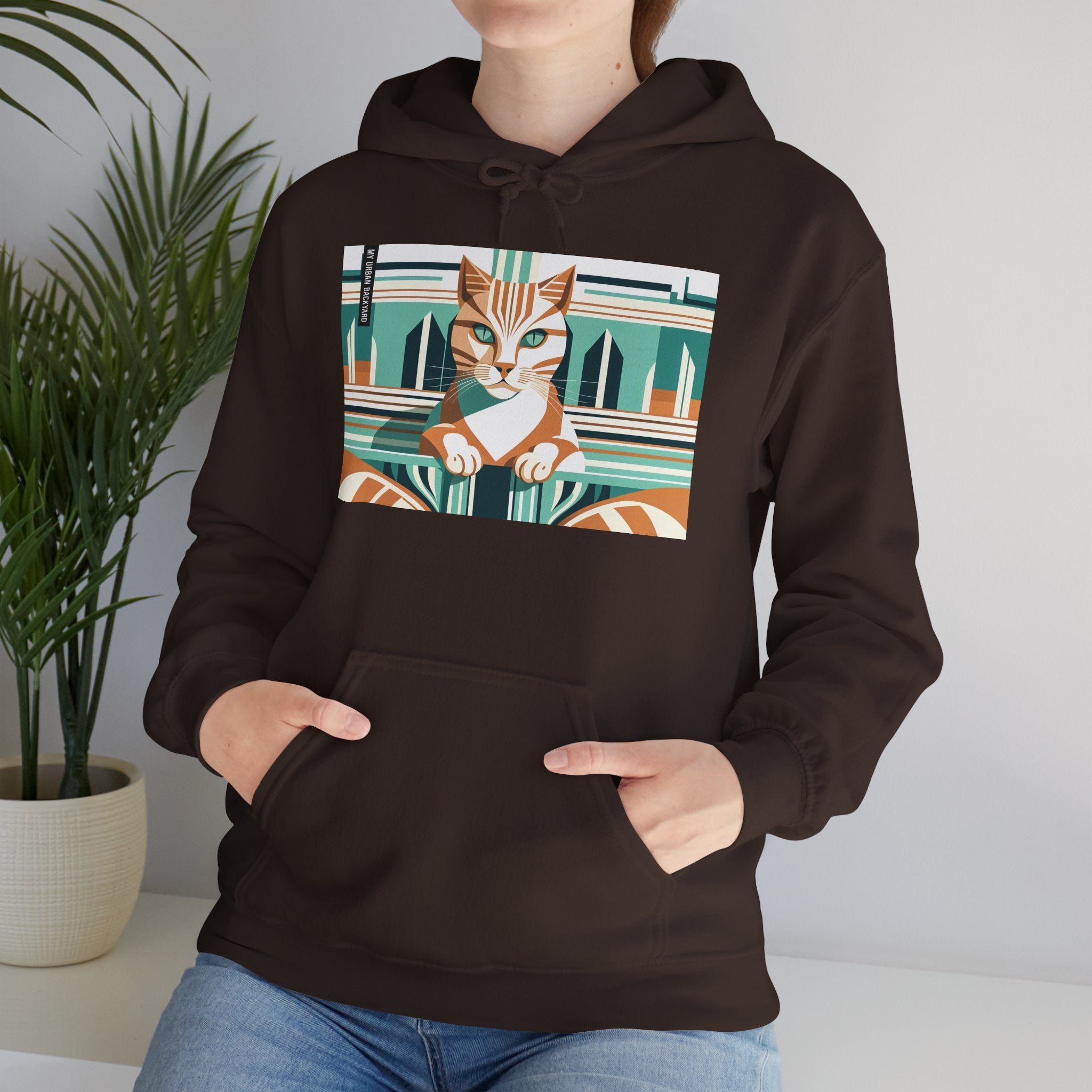 Art Deco Tabby Cat, Unisex Hoodie w Front Pocket