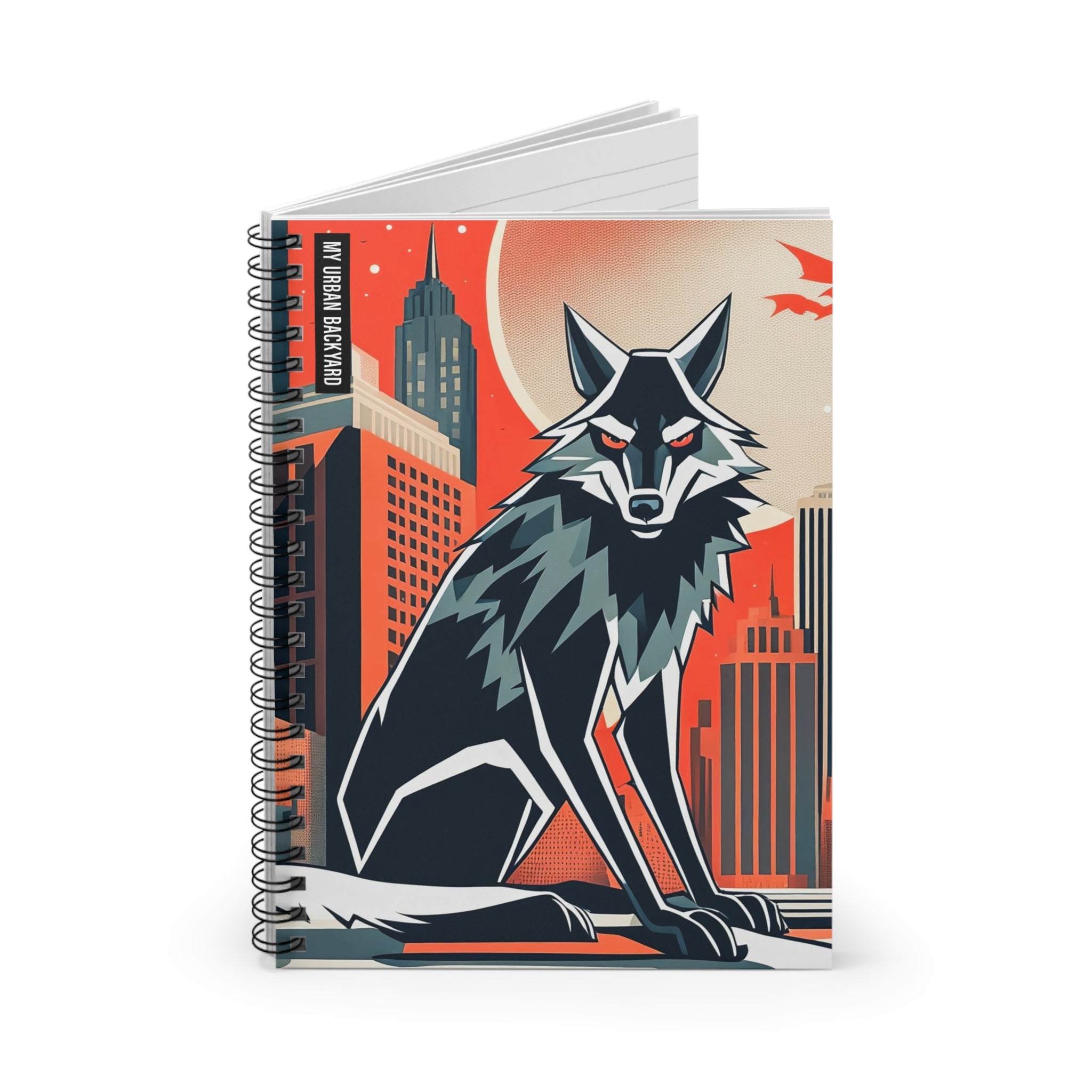 Notebook with a wolf illustration on a cityscape background