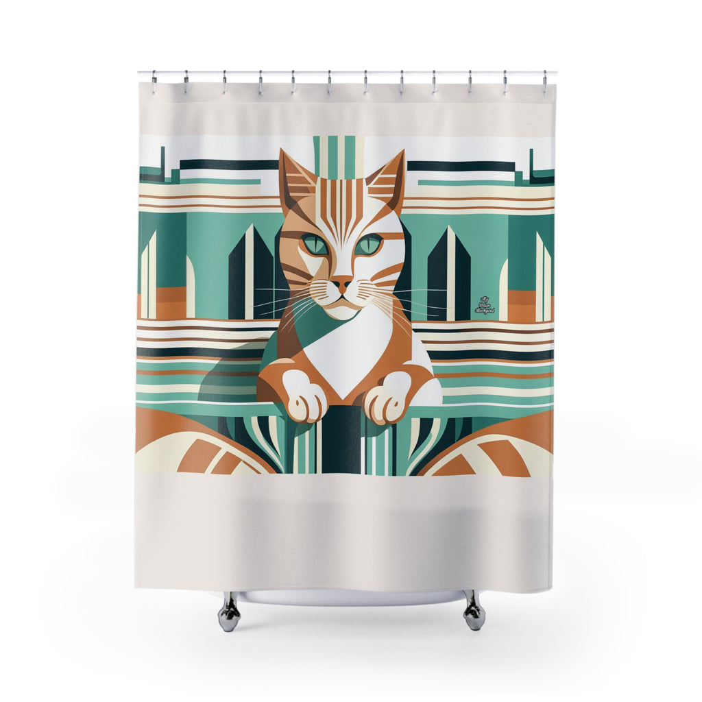 Art Deco Tabby Cat, Shower Curtain, Cream accent color - 71" x 74"