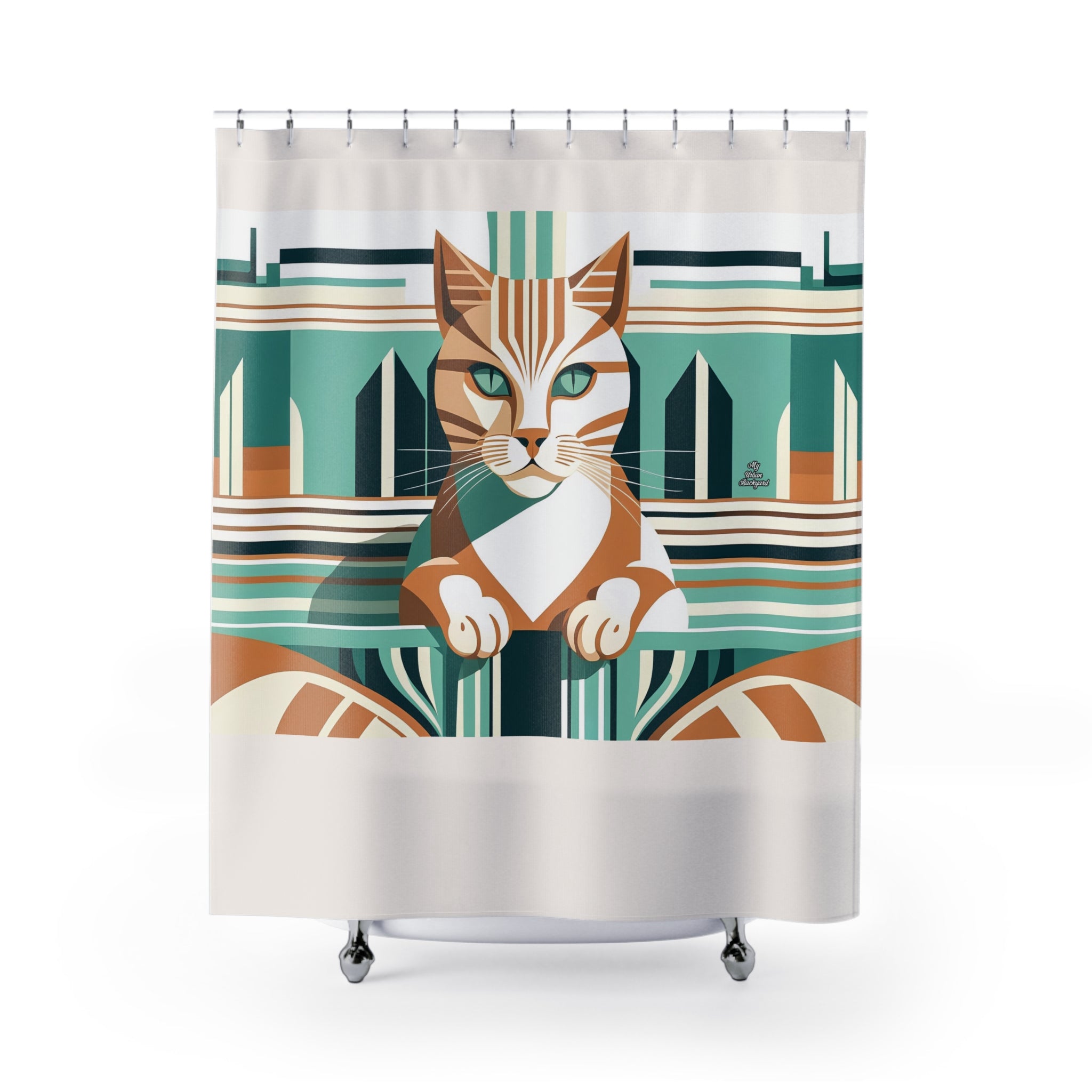 Cream Shower Curtain with Art Deco Tabby Cat - 71" x 74"
