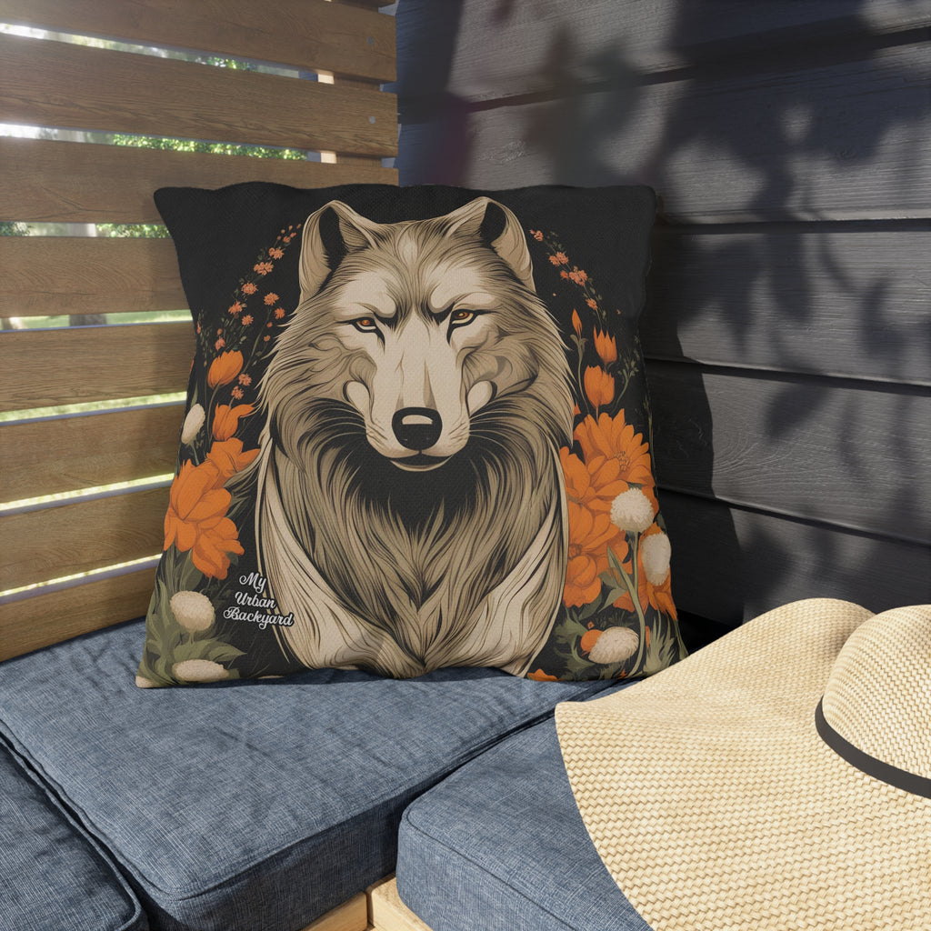 Wolf with Flowers, Taupe accent color, Throw Pillow, Indoor/Outdoor Decor for Home or Office